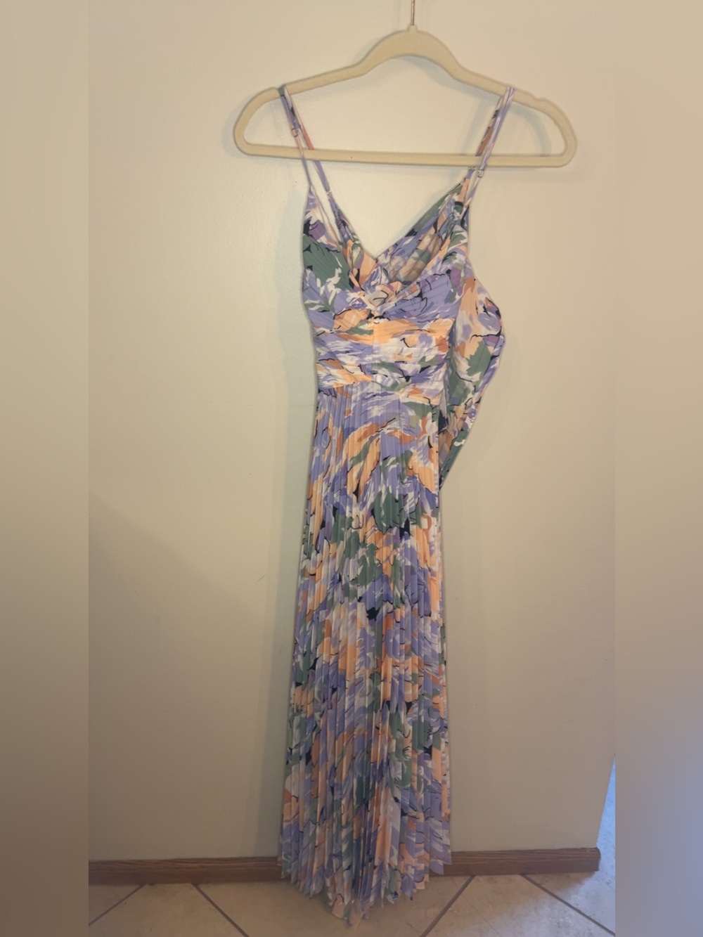 ASTR Pleated Floral Maxi Dress in Lavender, Peach & Sage